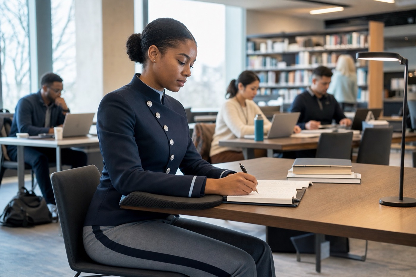 A Space Force Guardian studies at an accessible workstation in a modern college library.