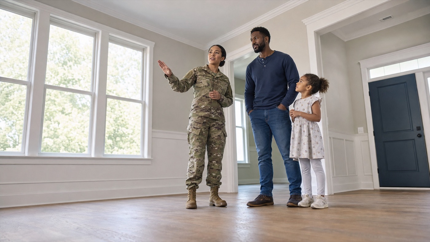 An Army service member explores a bright unfurnished home with her spouse and child.