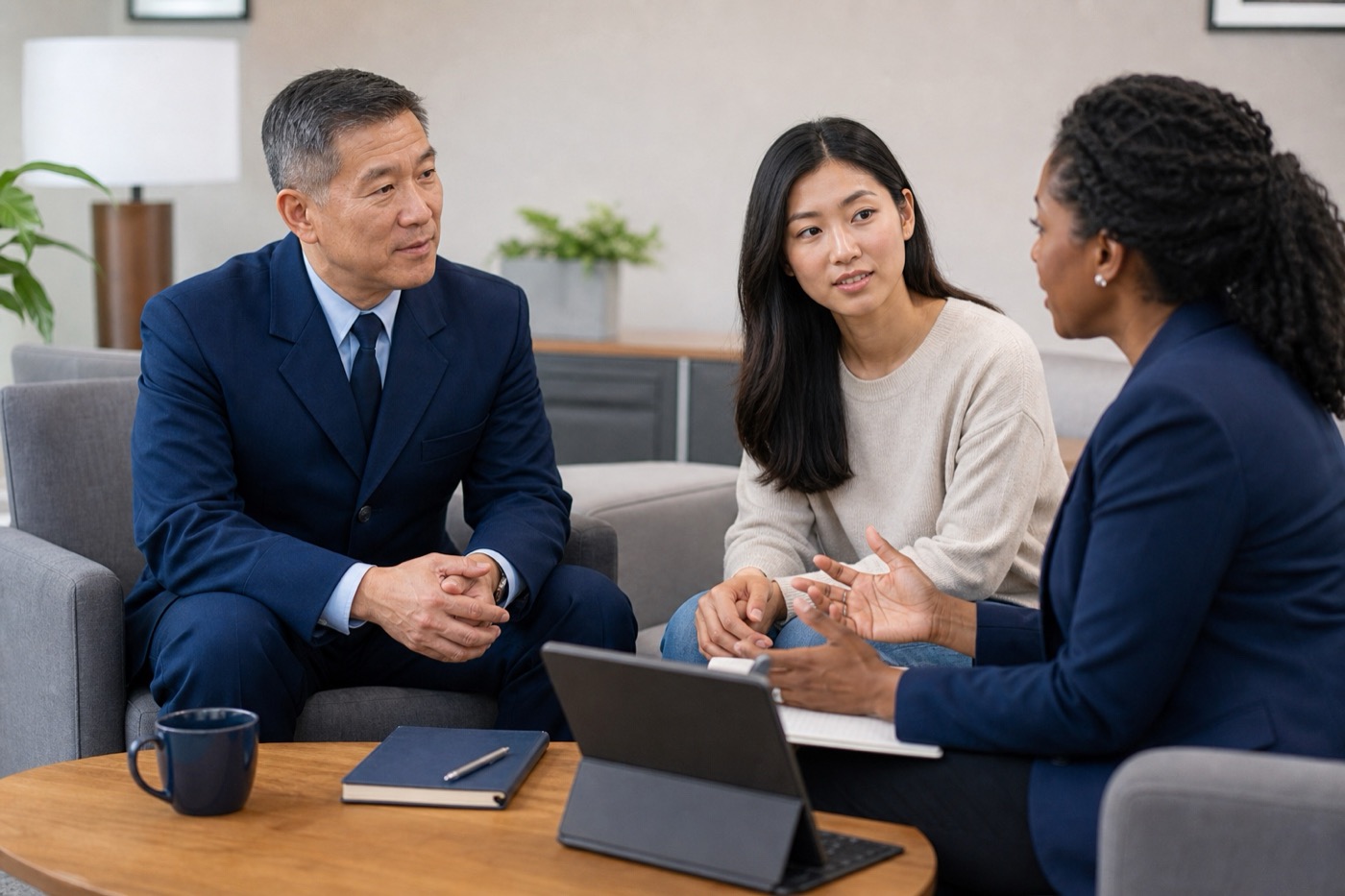 A senior Air Force service member and his daughter discuss retirement planning with a counselor.