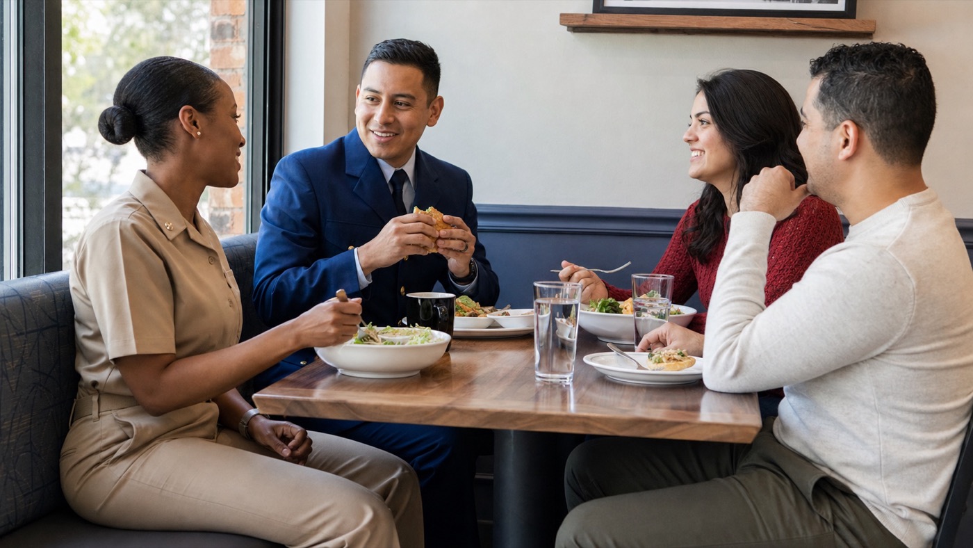 Navy and Coast Guard service members share a casual café meal with civilian family members.
